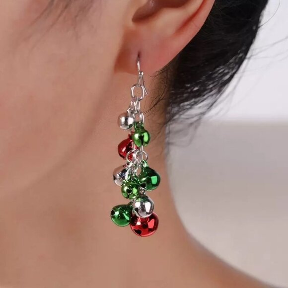 Christmas Jingle Bells Dangle Earrings, Make Noise - Green, Red, Silver Bells - Picture 2 of 9